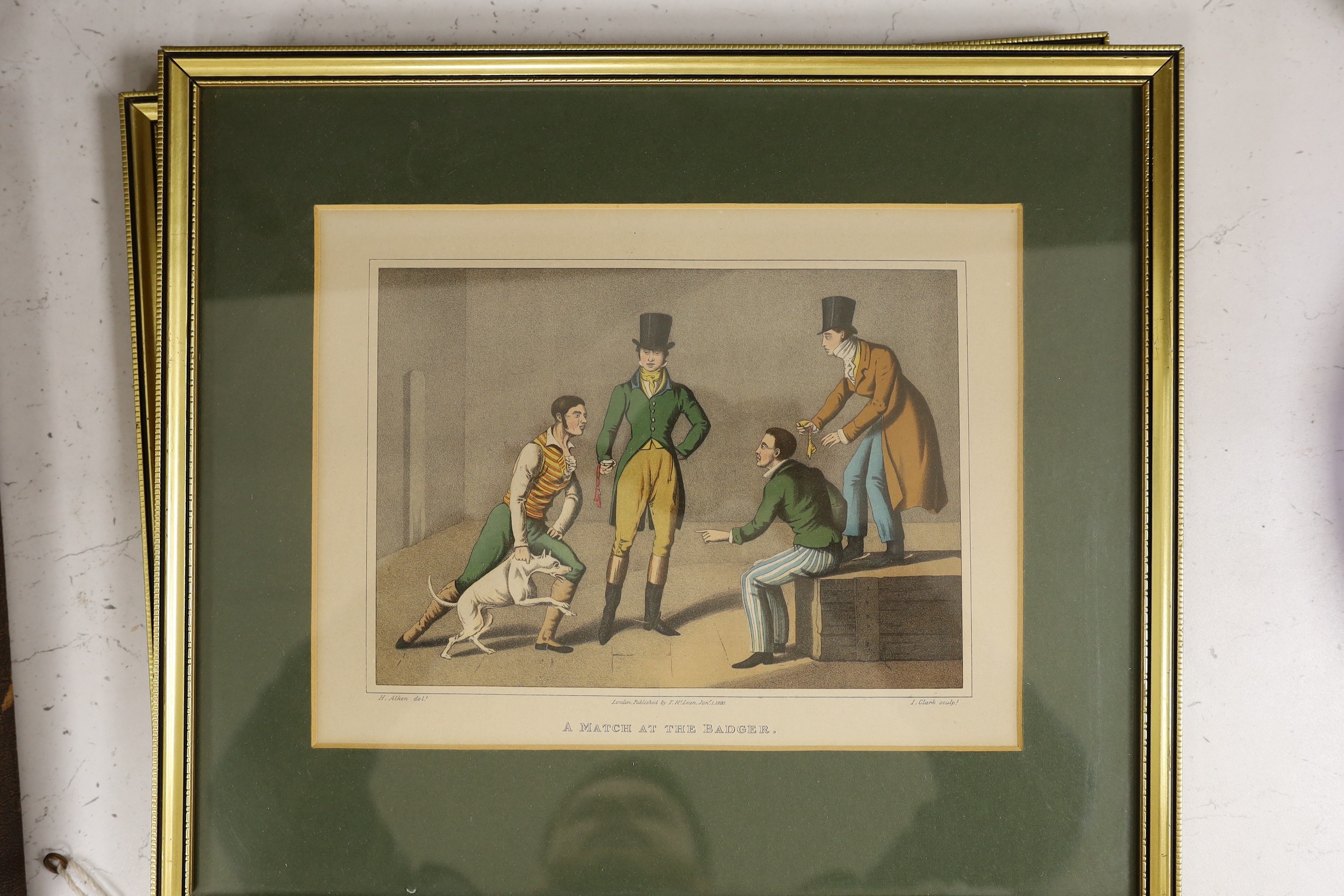 Clark after Henry Alken, set of four coloured lithographs, 'A Match at the Badger'. 'Drawing The Badger', 'Owling' and 'Grouse Shooting', overall 20 x 27cm